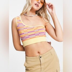 Cotton On One-Shoulder Checker Knit Crop Top in Yellow & Purple